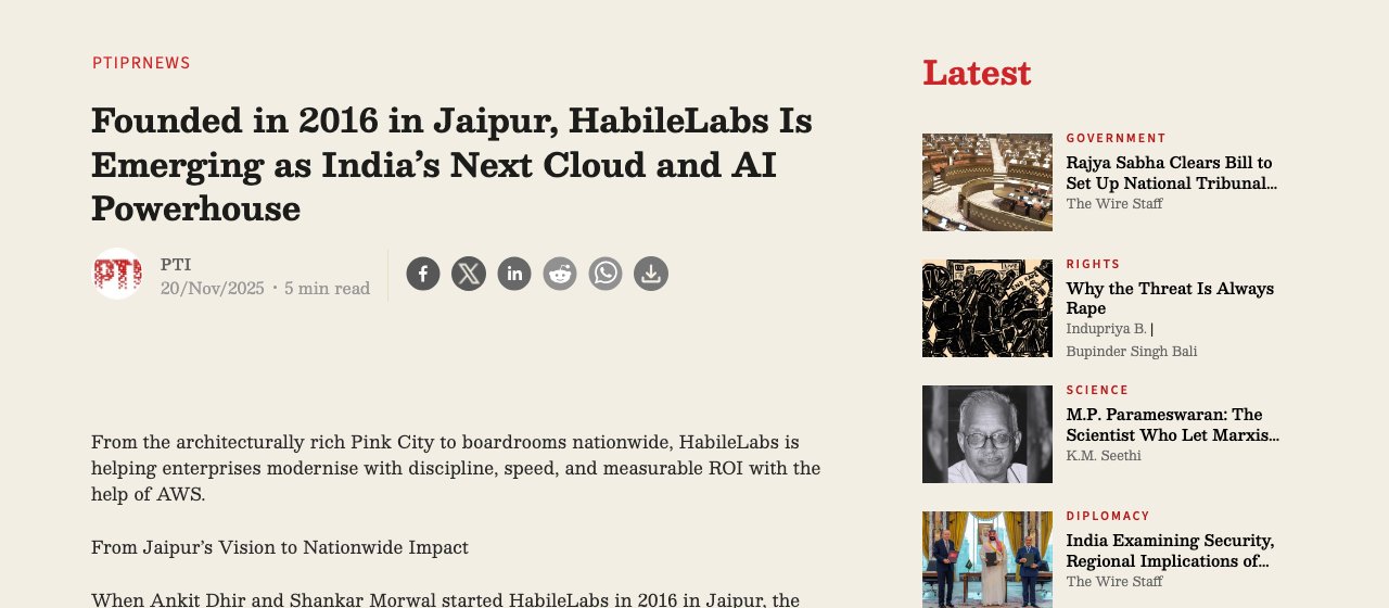 Press coverage: Founded in 2016 in Jaipur, HabileLabs Is Emerging as India's Next Cloud and AI Powerhouse