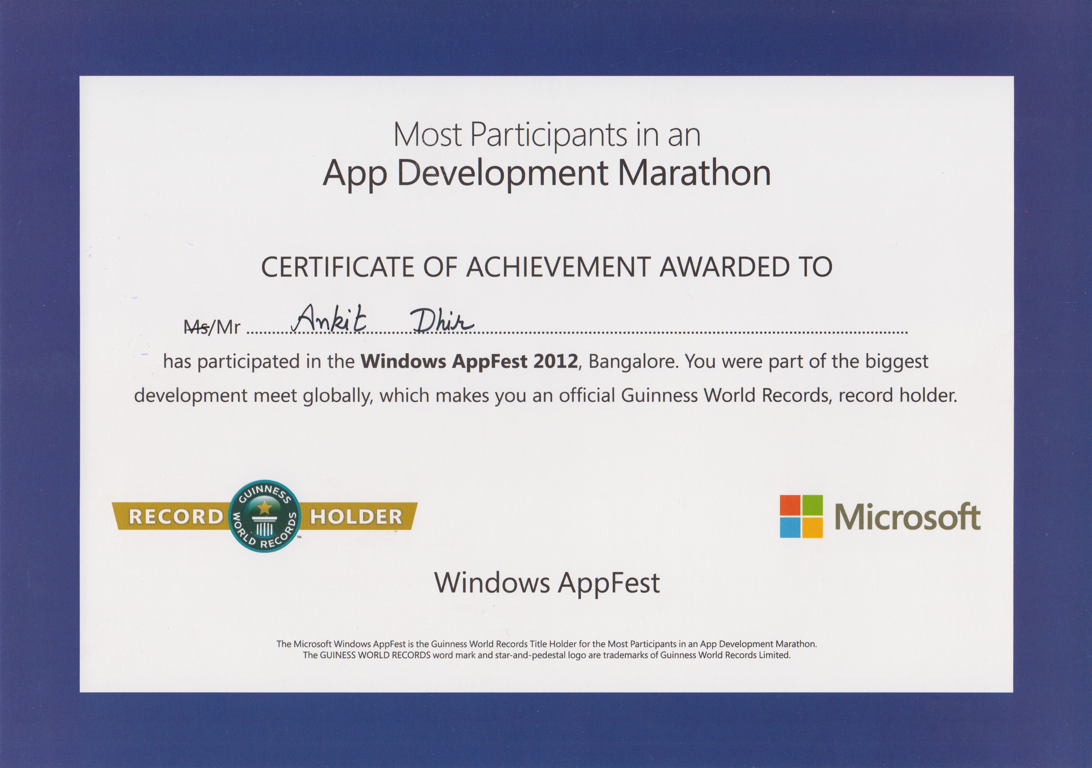 Guinness World Record certificate for the Most Participants in an App Development Marathon