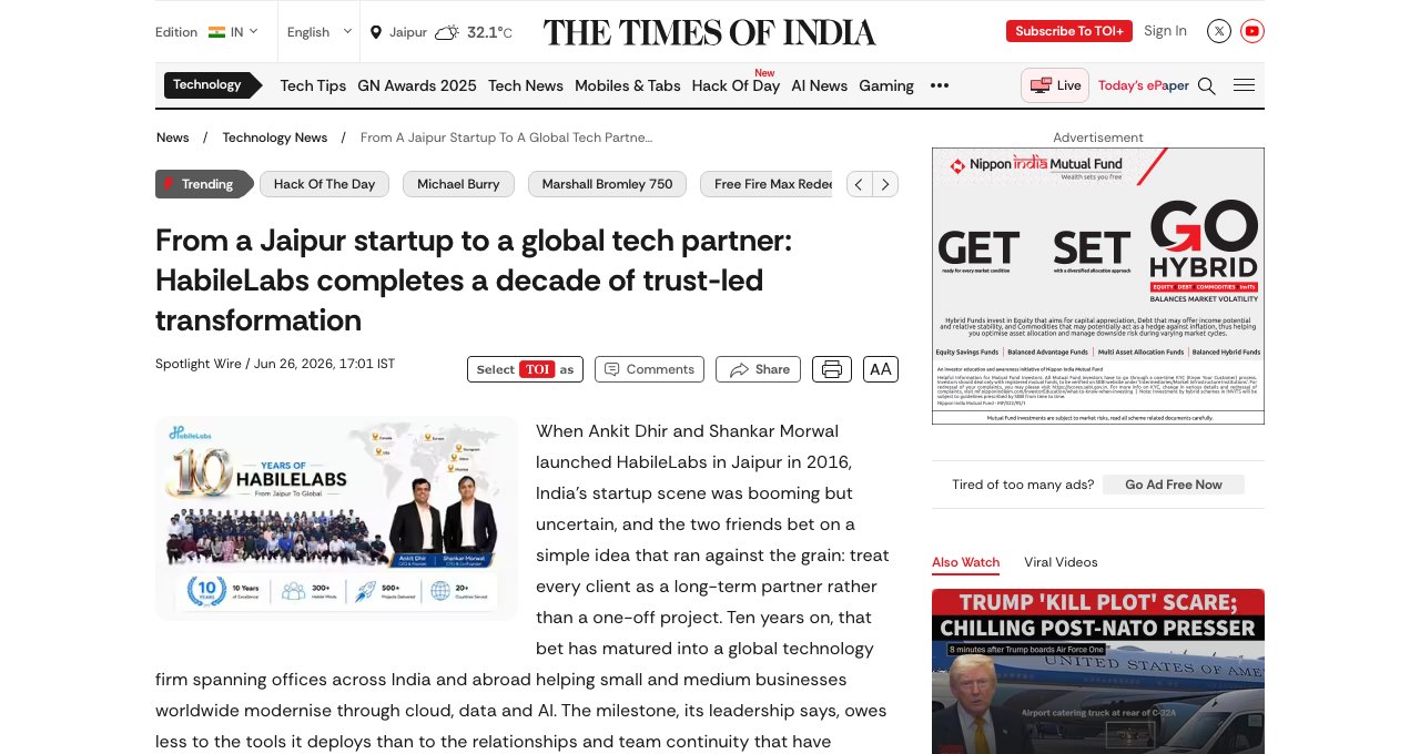 Press coverage: From a Jaipur Startup to a Global Tech Partner: HabileLabs Completes a Decade of Trust-Led Transformation