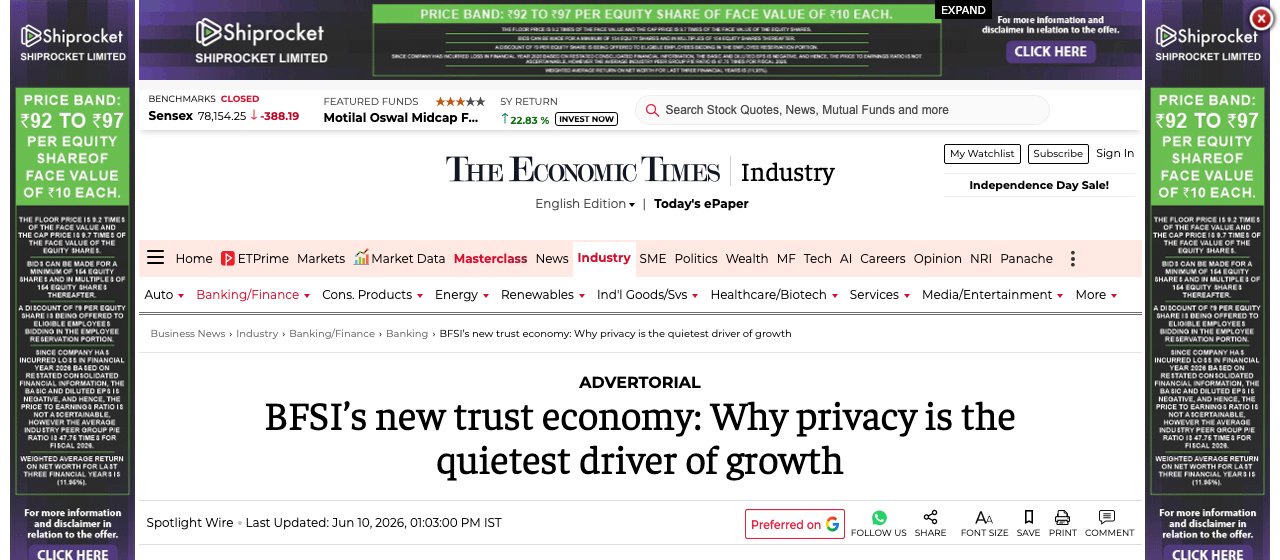 Press coverage: BFSI's New Trust Economy: Why Privacy Is the Quietest Driver of Growth